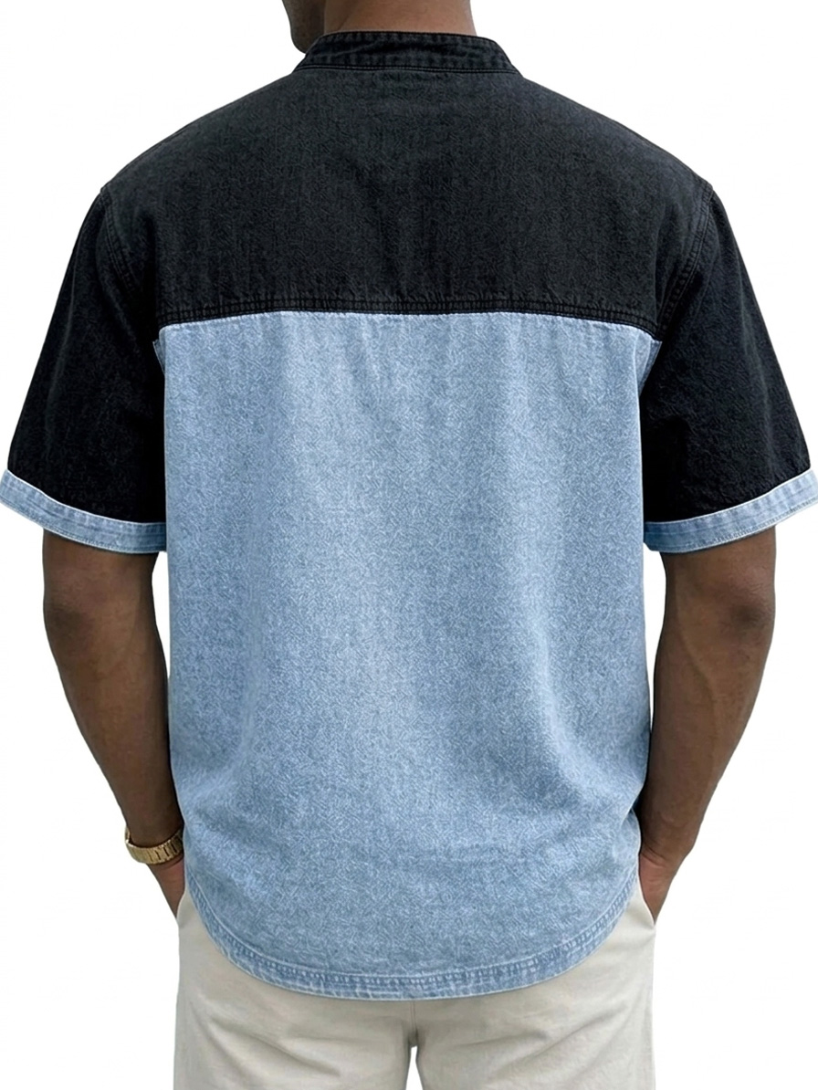 Men's Retro Color Block Casual Stand Collar Button-Down Short Sleeve Henley Shirt