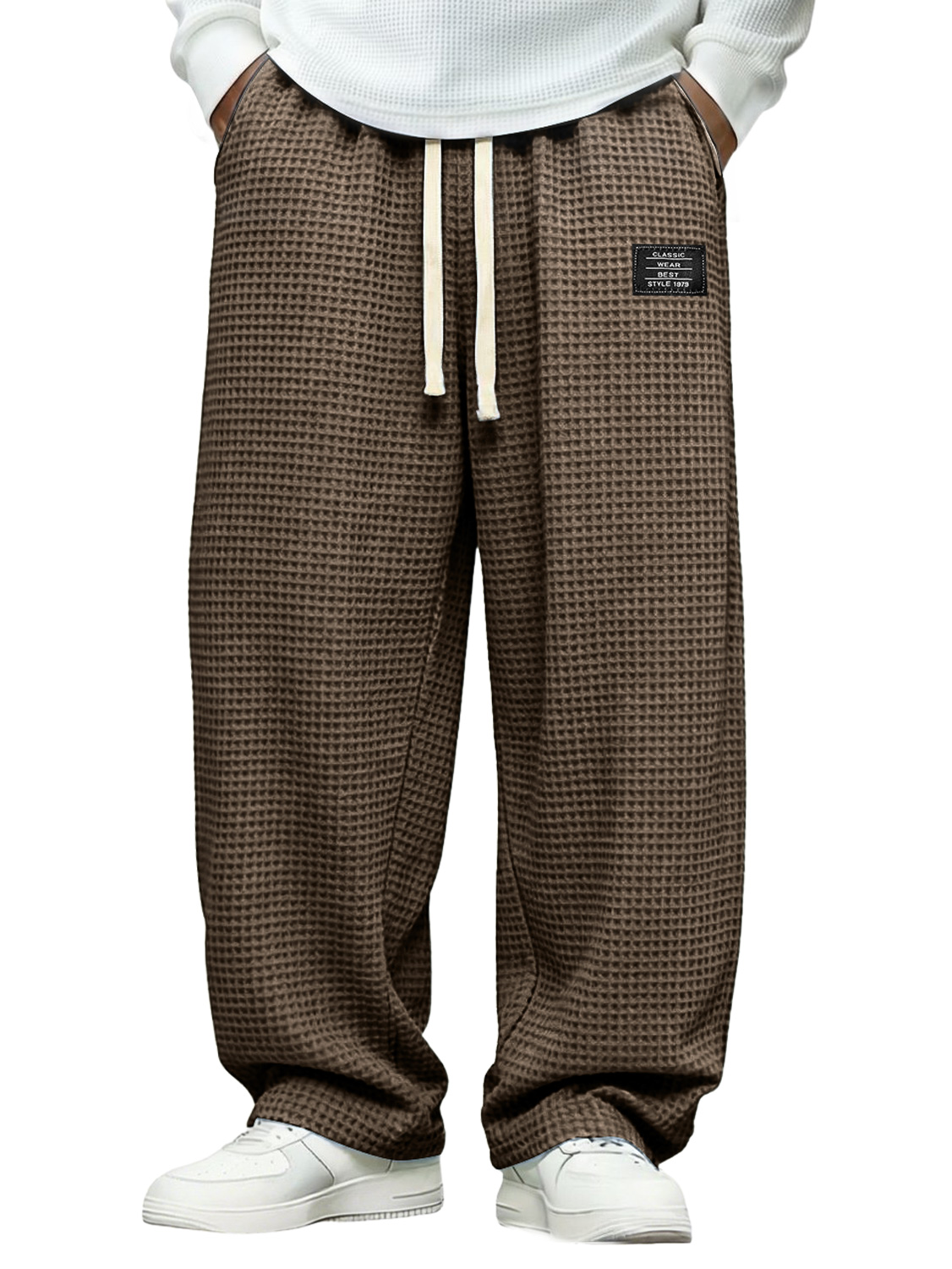 Men's Simple Waffle-knit Casual Loose-fitting Trousers With Embroidered Logo