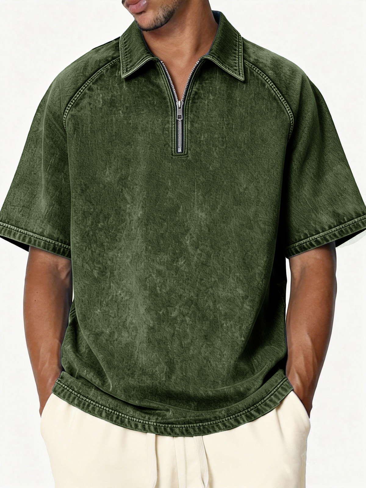 Men's Retro Distressed Raglan Collar Zipper Loose Short-Sleeve Polo Shirt
