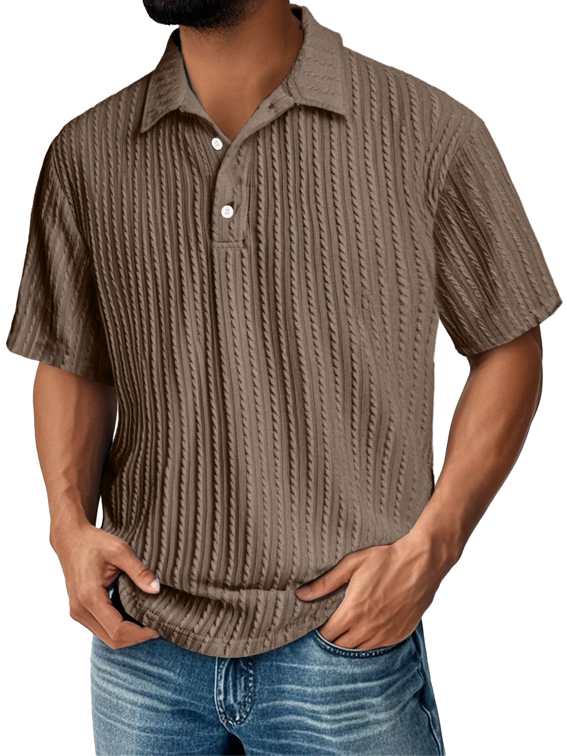 Men's Daily Lapel Jacquard Texture Casual Solid Color Short-sleeved Polo Shirt