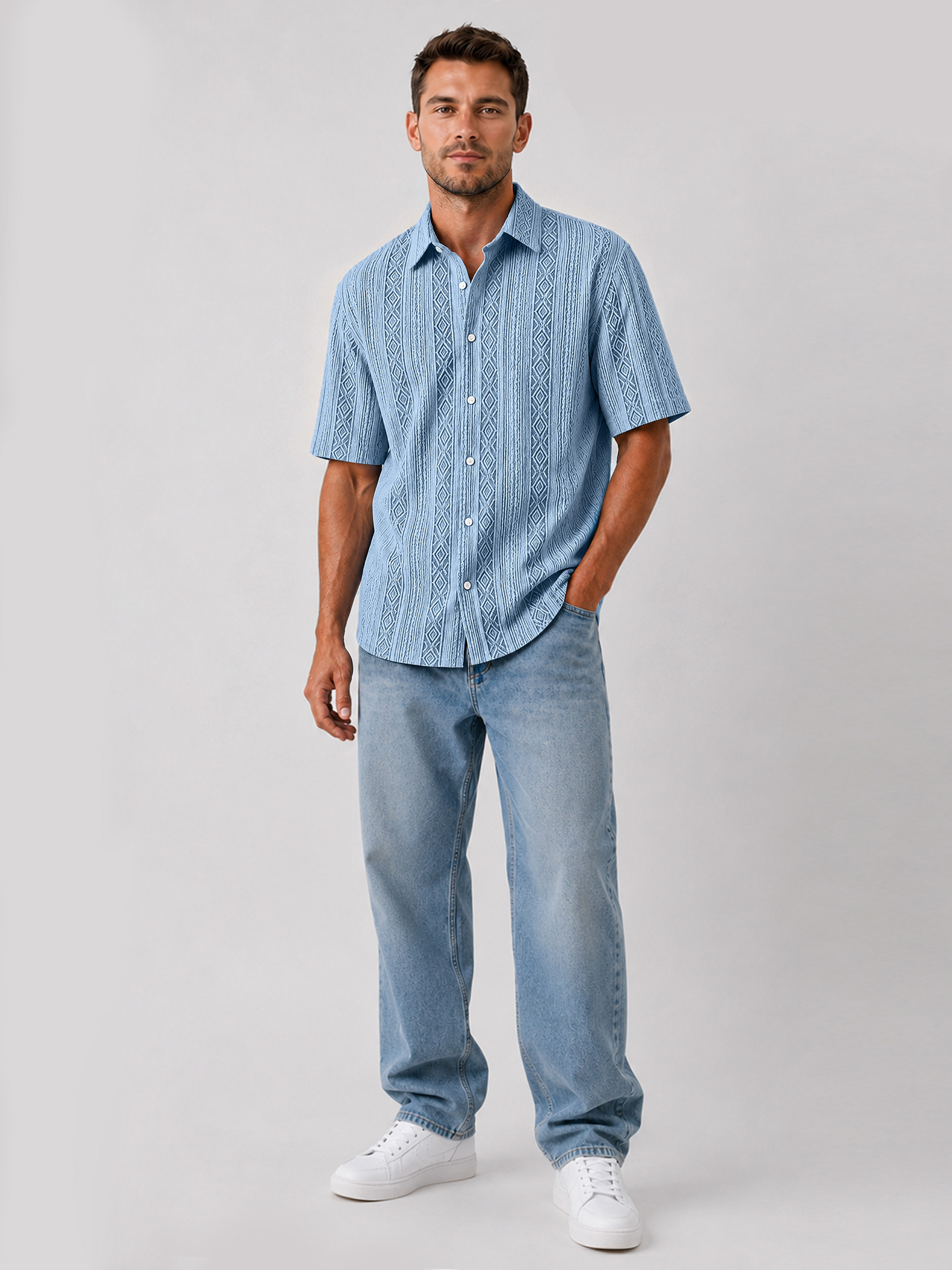 Men's Solid-Color Short-Sleeve Casual Shirt with Jacquard Texture