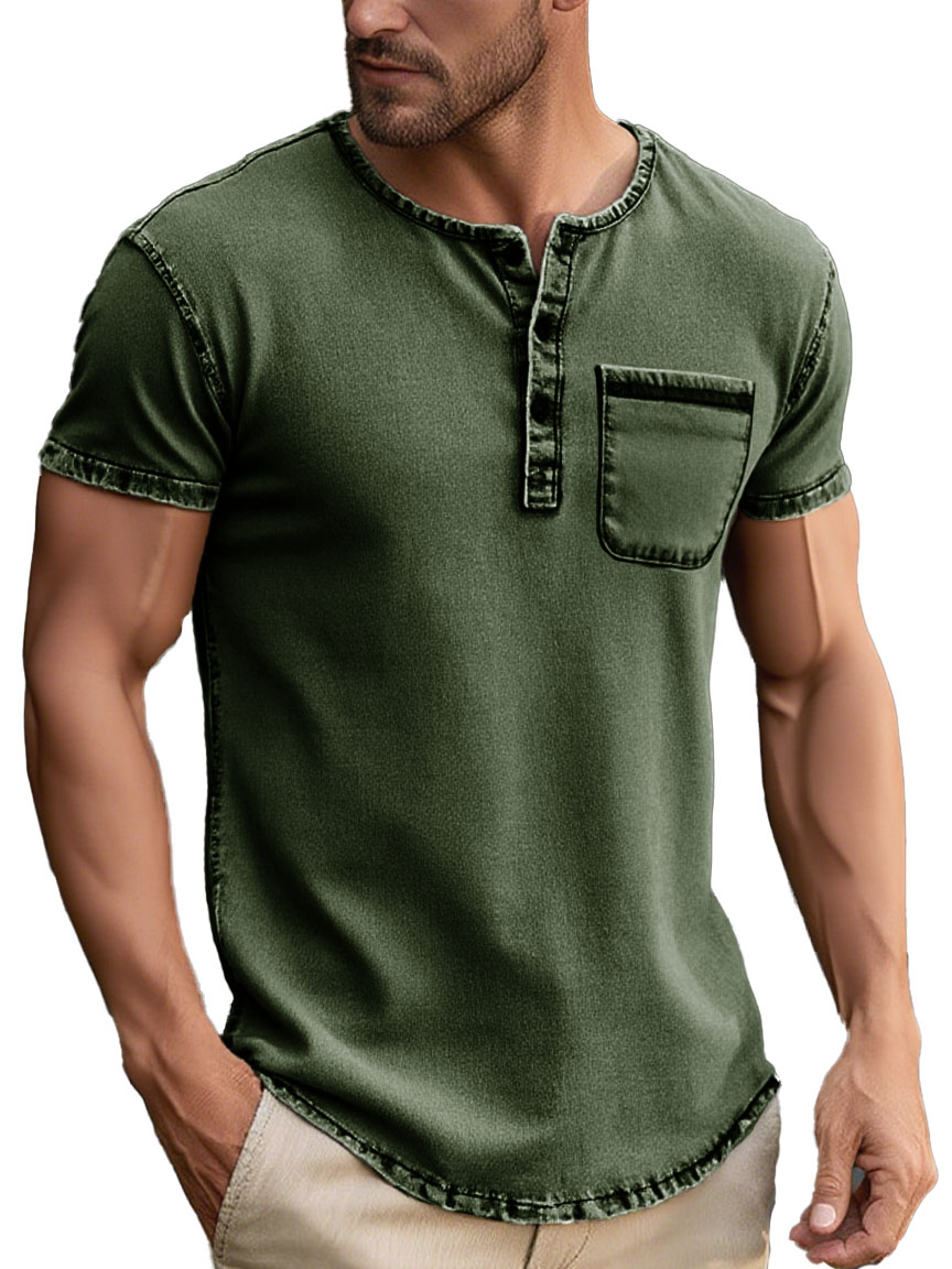 Men's Fashion Daily Distressed Fabric Pocket Short-sleeved Henley Shirt