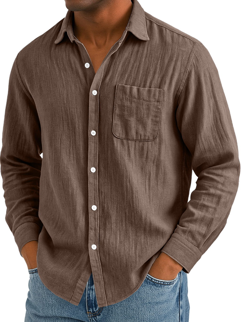 Men's Daily Casual Cotton And Linen Pocket Comfortable Long-sleeved Shirt