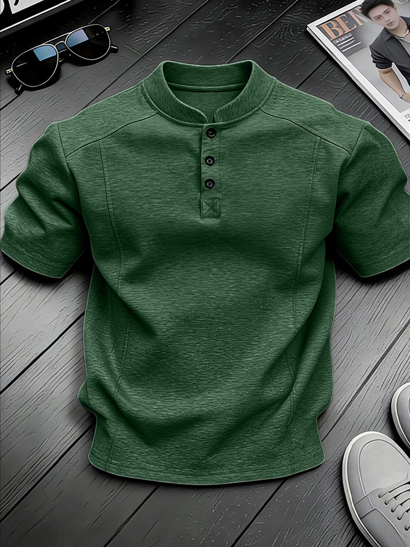 Men's Stand-up Collar Button-down Design Casual Short-sleeved Henley Shirt