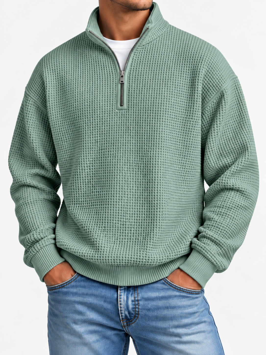 Men's Waffle-Knit Quarter-Zip Sweatshirt Relaxed Fit Stand Collar Casual Pullover