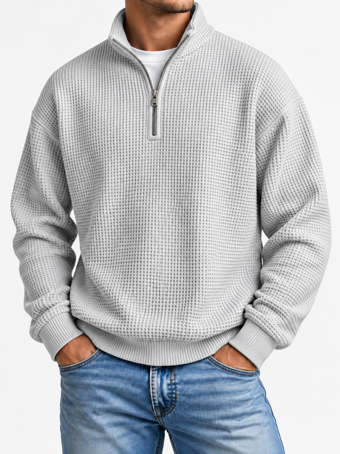 Men's Waffle-Knit Quarter-Zip Sweatshirt Relaxed Fit Stand Collar Casual Pullover