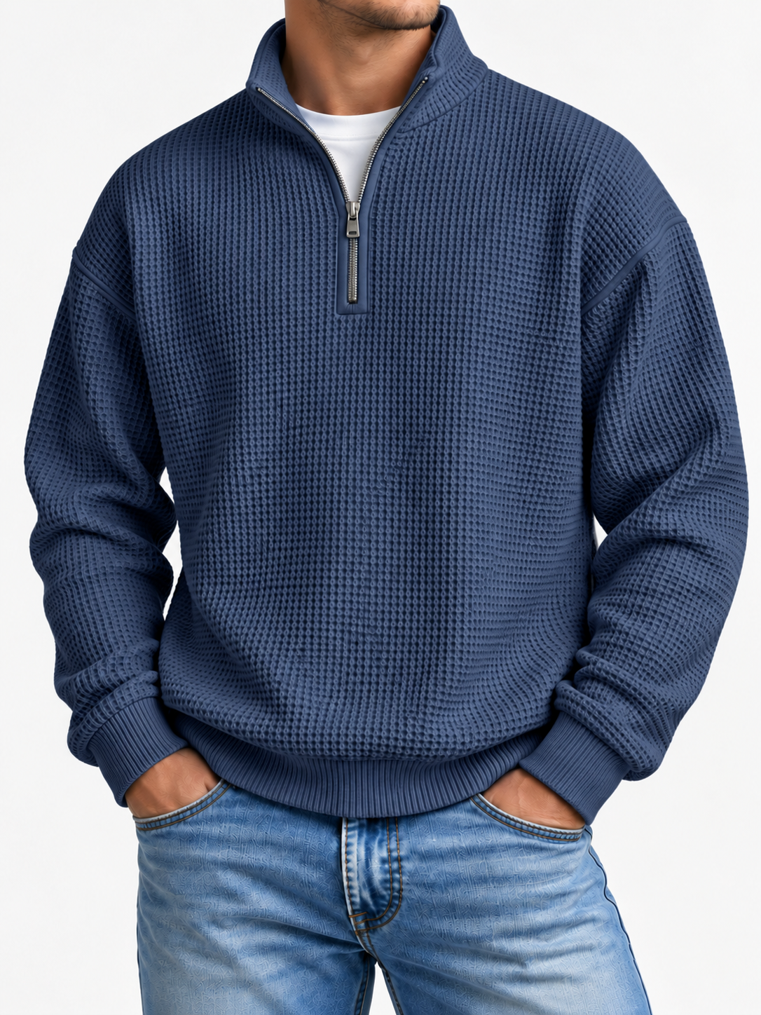 Men's Waffle-Knit Quarter-Zip Sweatshirt Relaxed Fit Stand Collar Casual Pullover