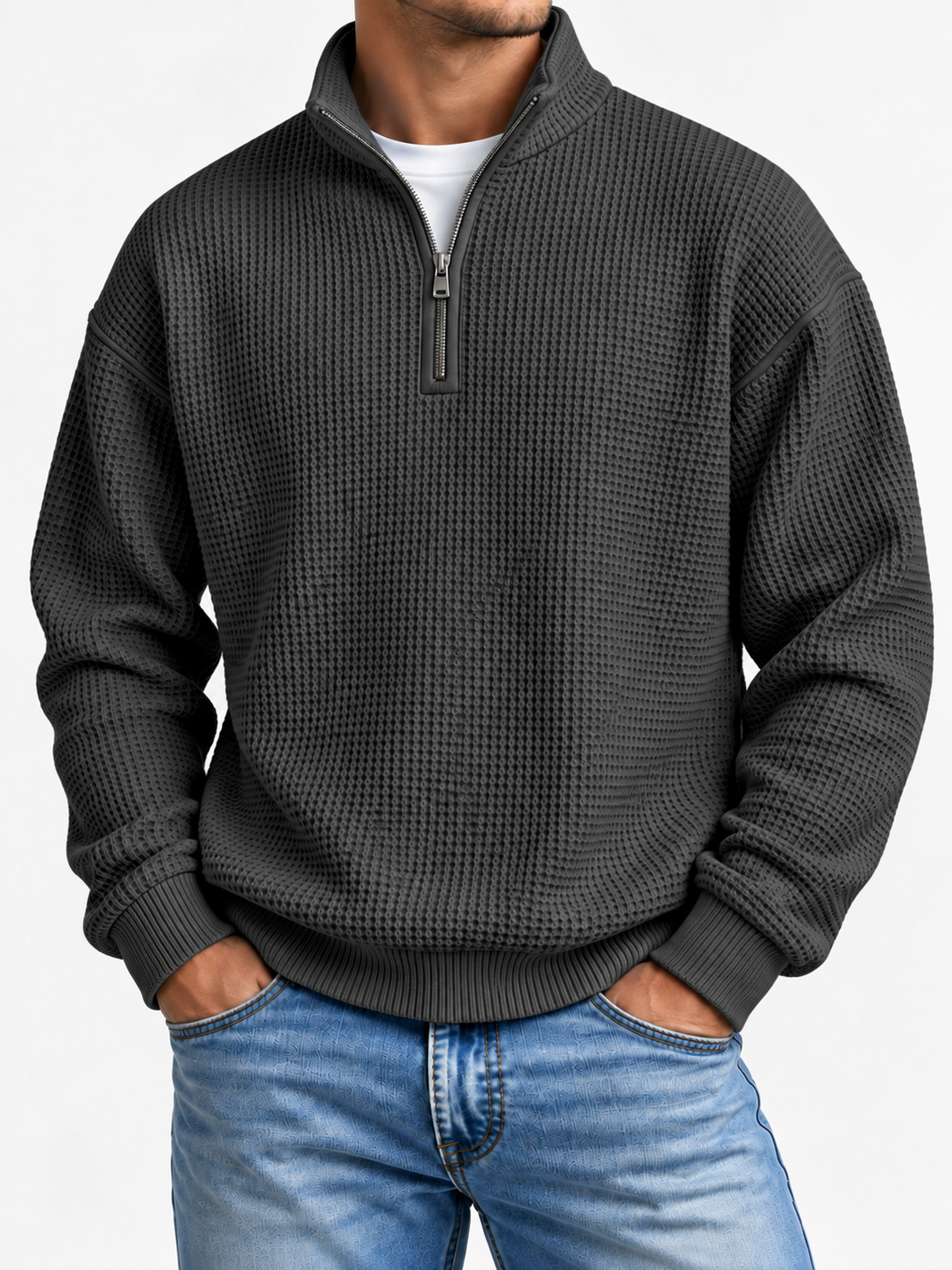 Men's Waffle-Knit Quarter-Zip Sweatshirt Relaxed Fit Stand Collar Casual Pullover