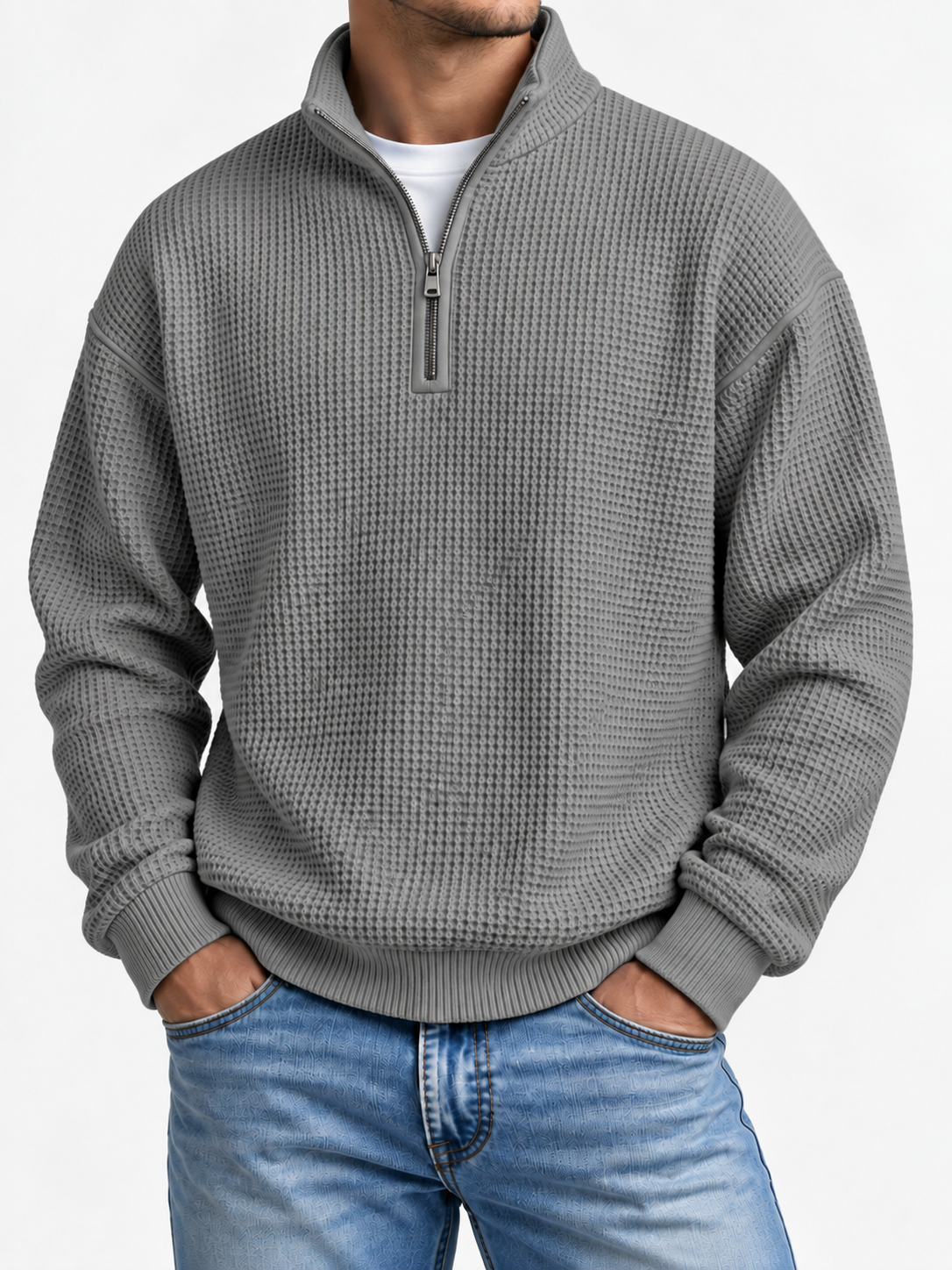 Men's Waffle-Knit Quarter-Zip Sweatshirt Relaxed Fit Stand Collar Casual Pullover