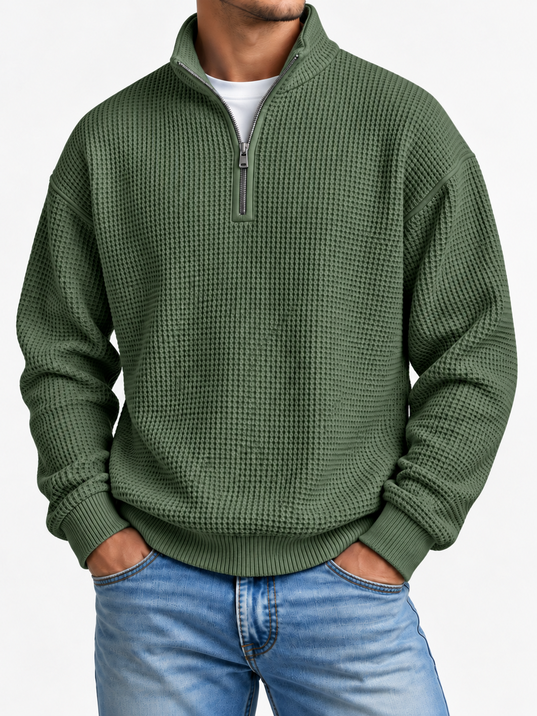 Men's Waffle-Knit Quarter-Zip Sweatshirt Relaxed Fit Stand Collar Casual Pullover