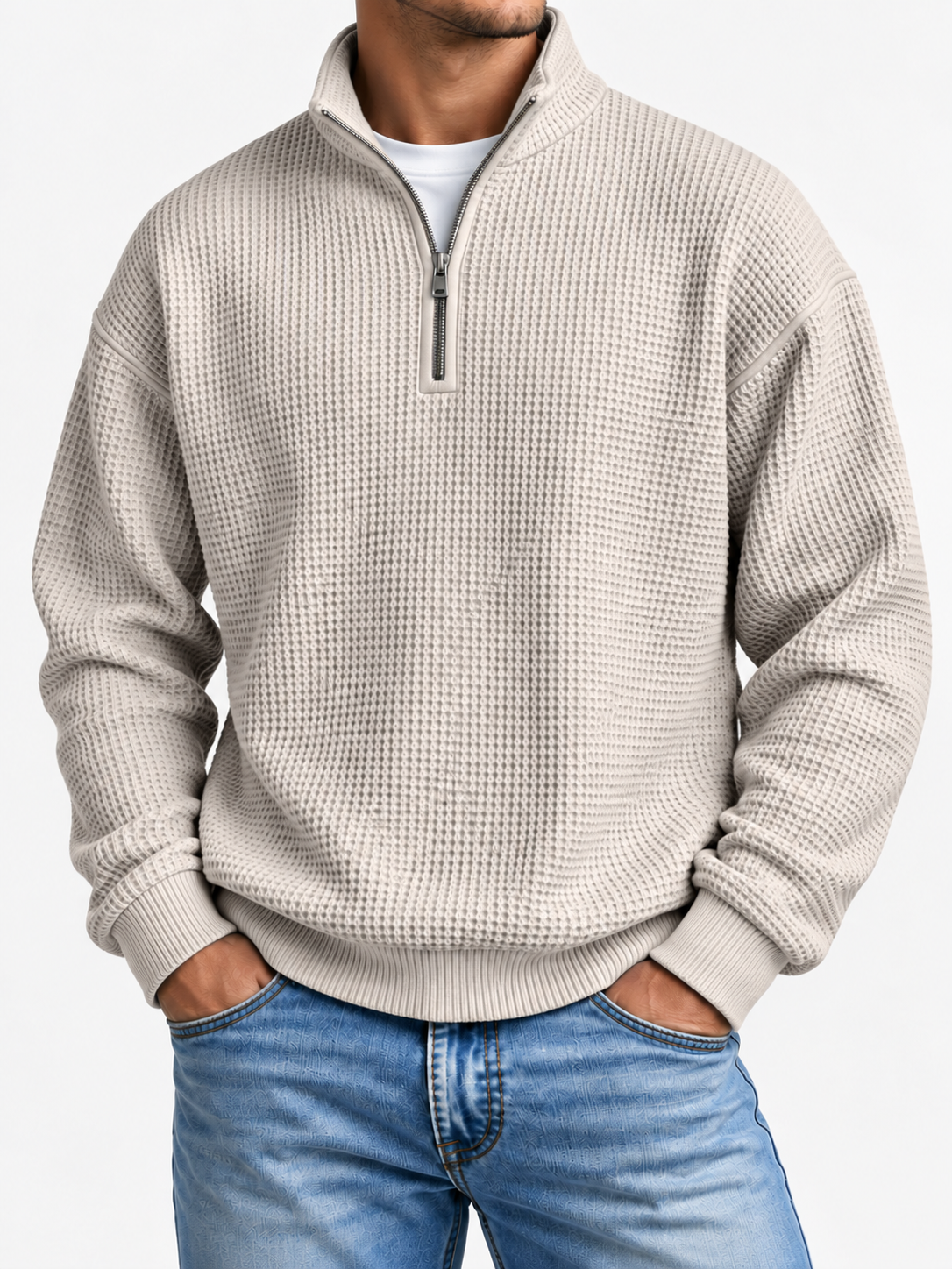 Men's Waffle-Knit Quarter-Zip Sweatshirt Relaxed Fit Stand Collar Casual Pullover