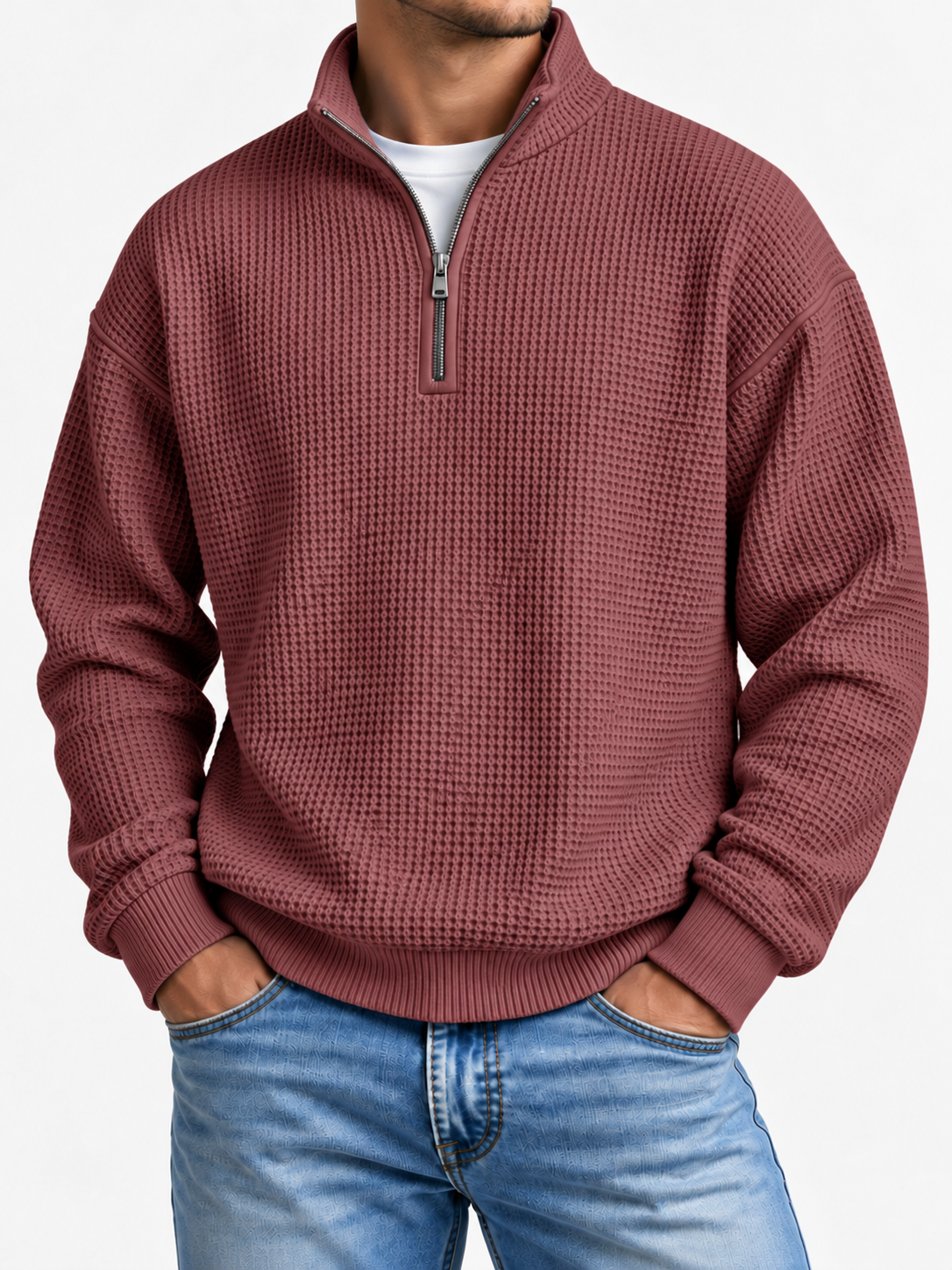 Men's Waffle-Knit Quarter-Zip Sweatshirt Relaxed Fit Stand Collar Casual Pullover