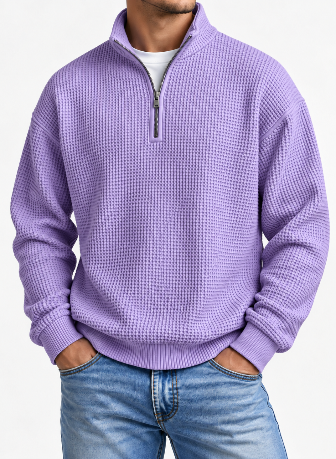 Men's Waffle-Knit Quarter-Zip Sweatshirt Relaxed Fit Stand Collar Casual Pullover