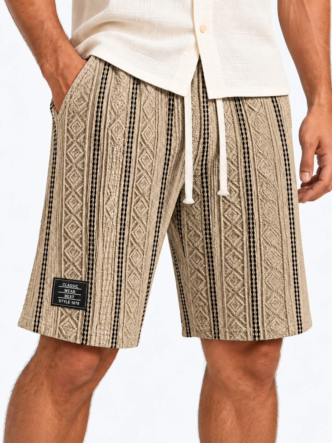 Men's Color-Blocked Textured Embroidered Logo Casual Loose Shorts