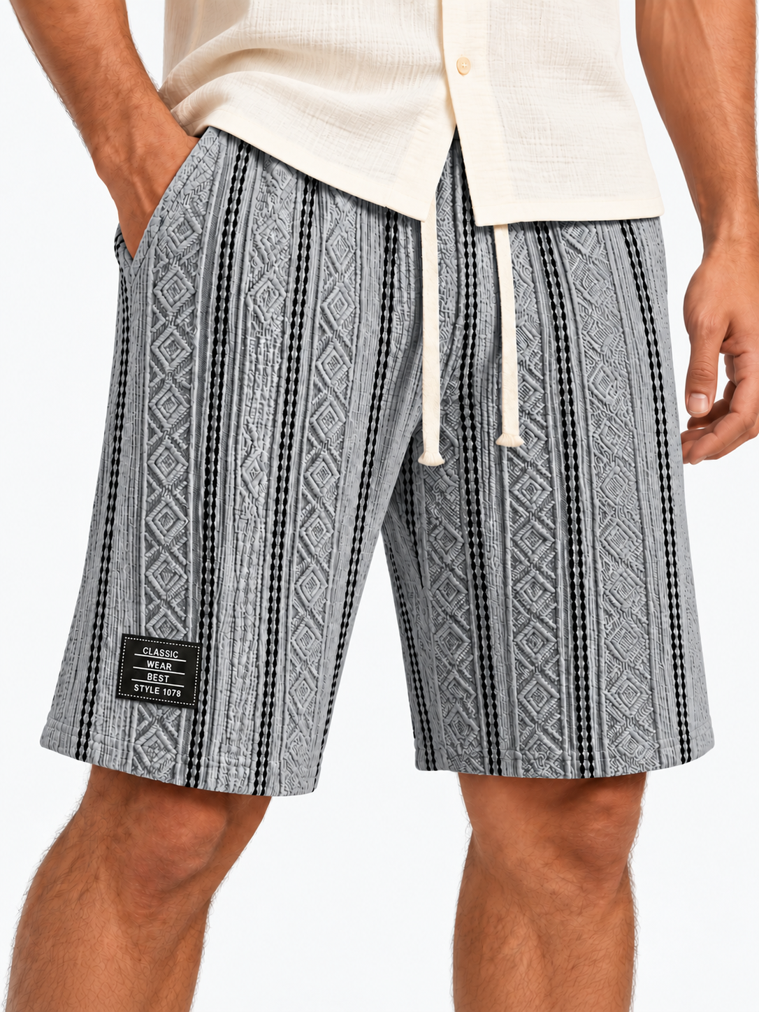 Men's Color-Blocked Textured Embroidered Logo Casual Loose Shorts