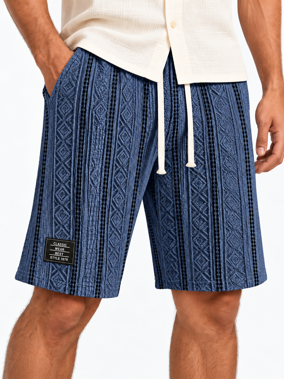 Men's Color-Blocked Textured Embroidered Logo Casual Loose Shorts