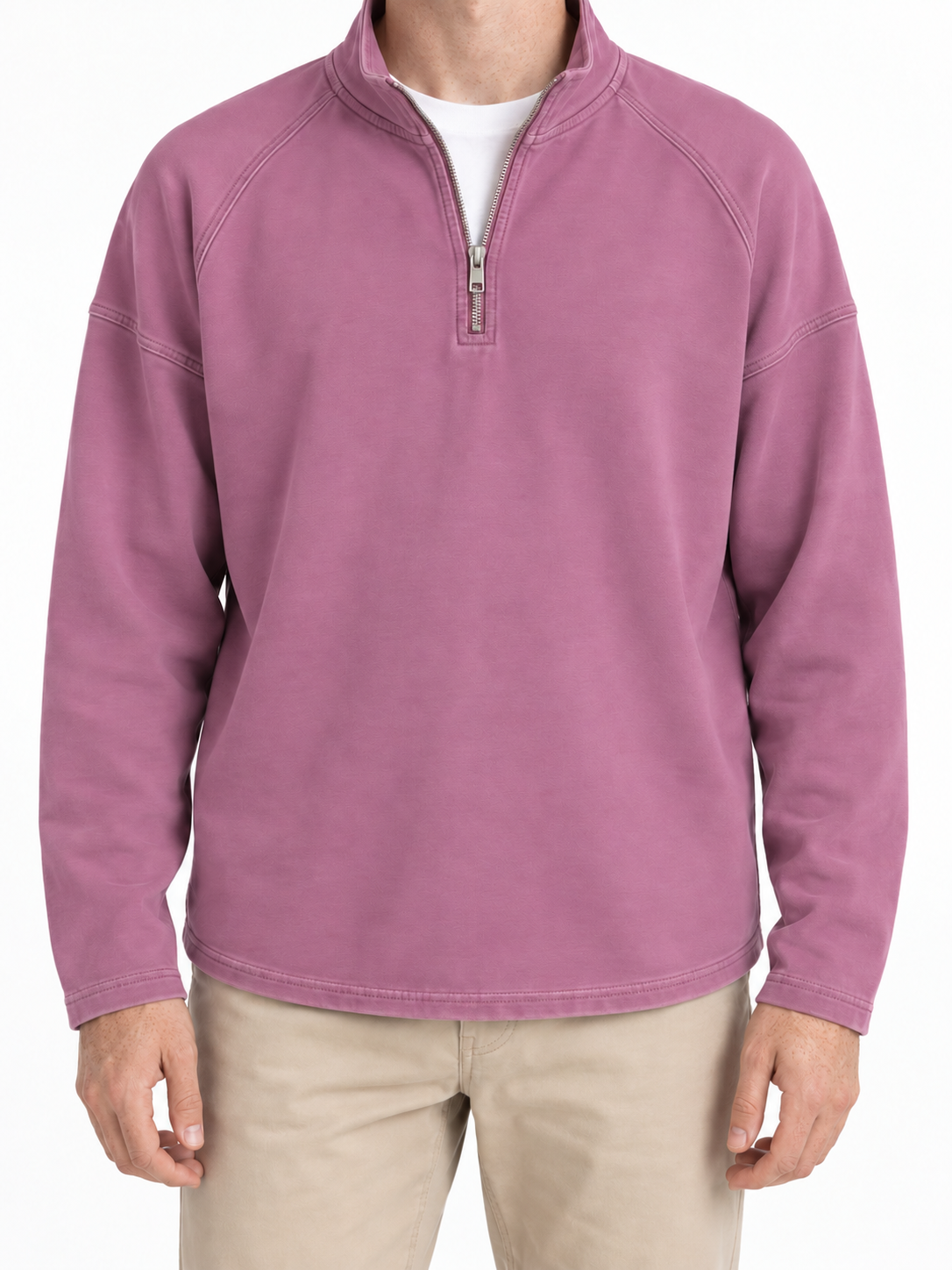 Men's Vintage Washed Quarter-Zip Stand Collar Shirt Relaxed Fit Raglan Long Sleeve Pullover — Pink