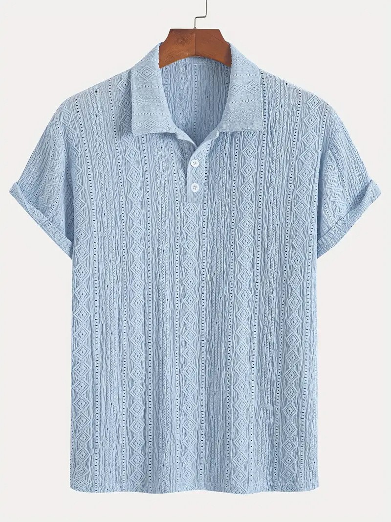 Men's Solid-Color Striped Jacquard Casual Short-Sleeve Polo Shirt