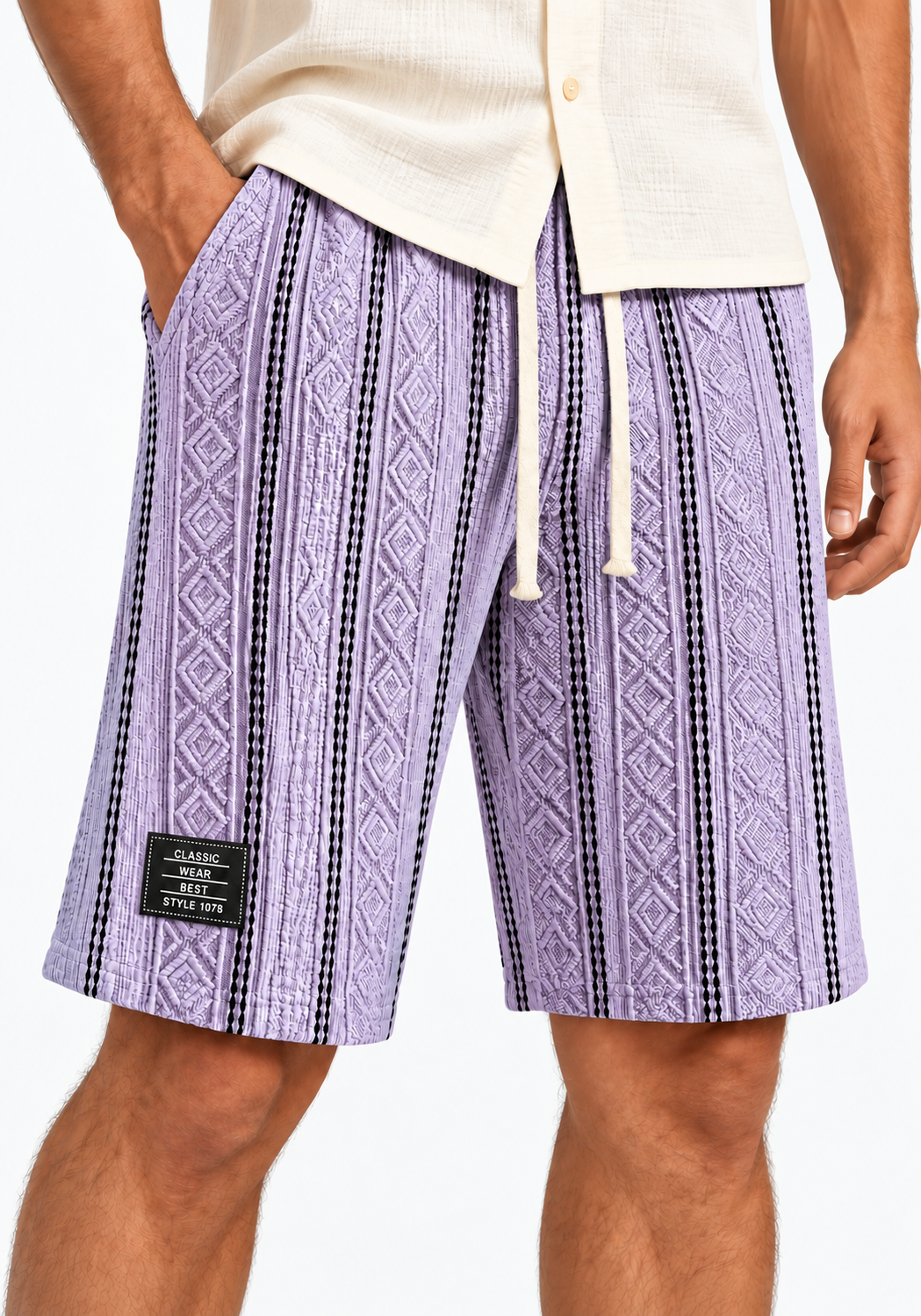 Men's Color-Blocked Textured Embroidered Logo Casual Loose Shorts