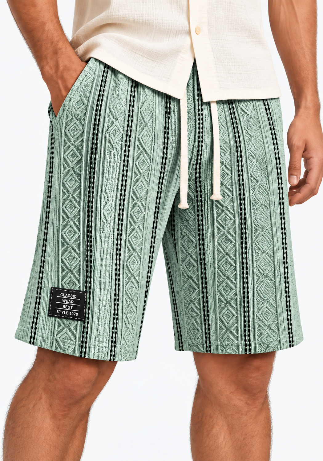 Men's Color-Blocked Textured Embroidered Logo Casual Loose Shorts