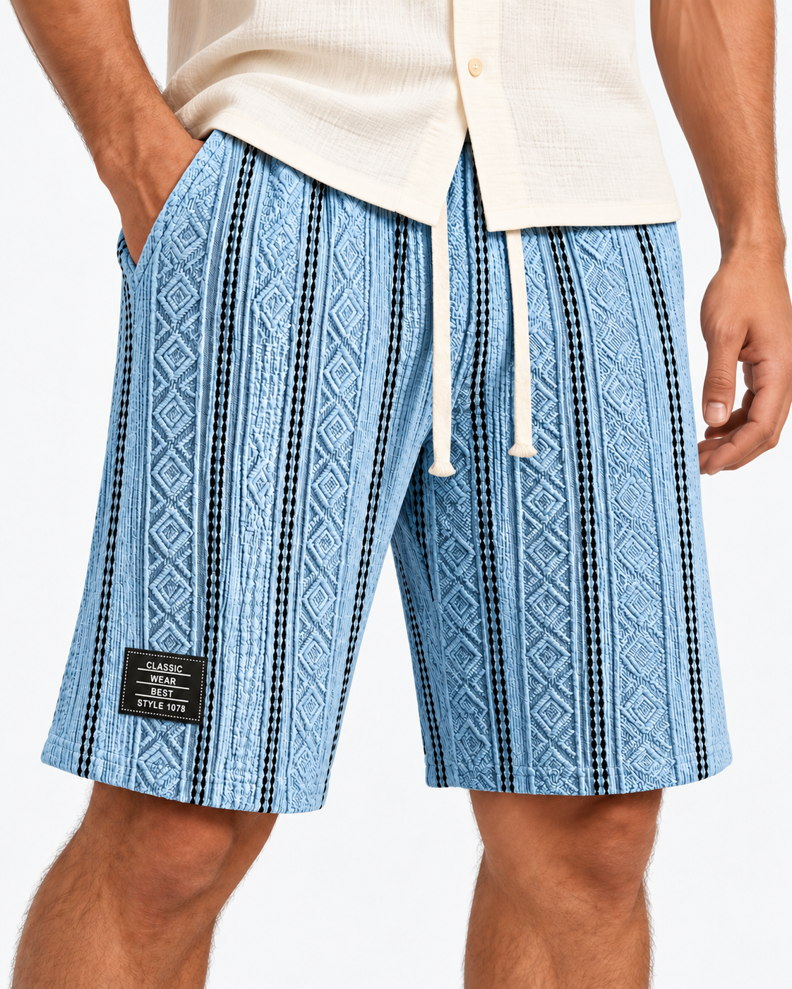 Men's Color-Blocked Textured Embroidered Logo Casual Loose Shorts