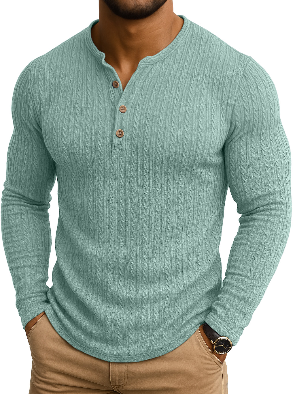 Vintage Striped Jacquard Henley Collar Long-sleeved T-shirt