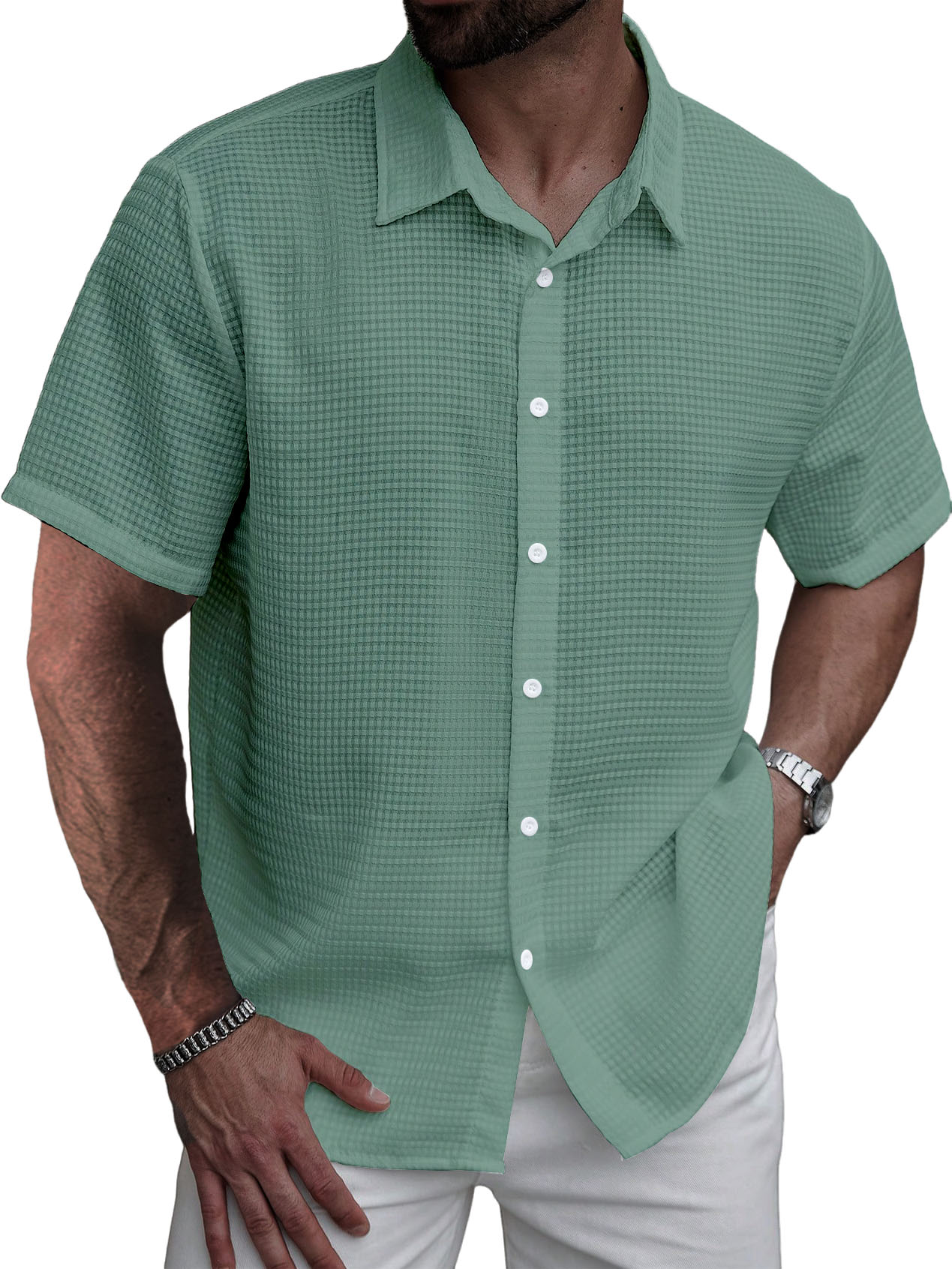 Men's Stylish Casual Waffle Fabric Short-sleeved Shirt