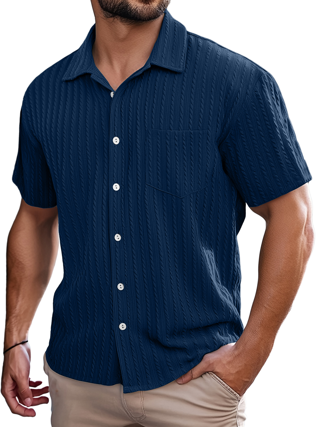 Men's Retro Casual Striped Jacquard Pocket Short-sleeved Shirt