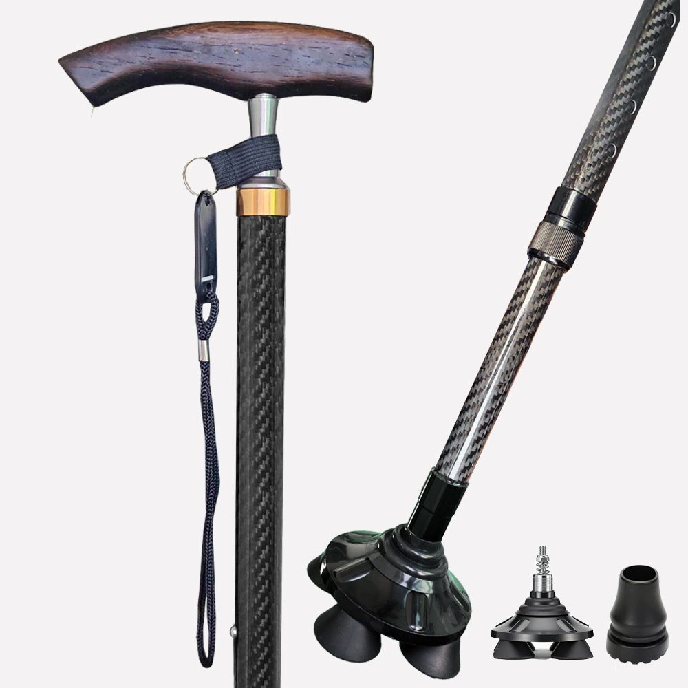 Adjustable Carbon Fiber Quad Cane with Extra Single Tip | Wenge Wood Handle