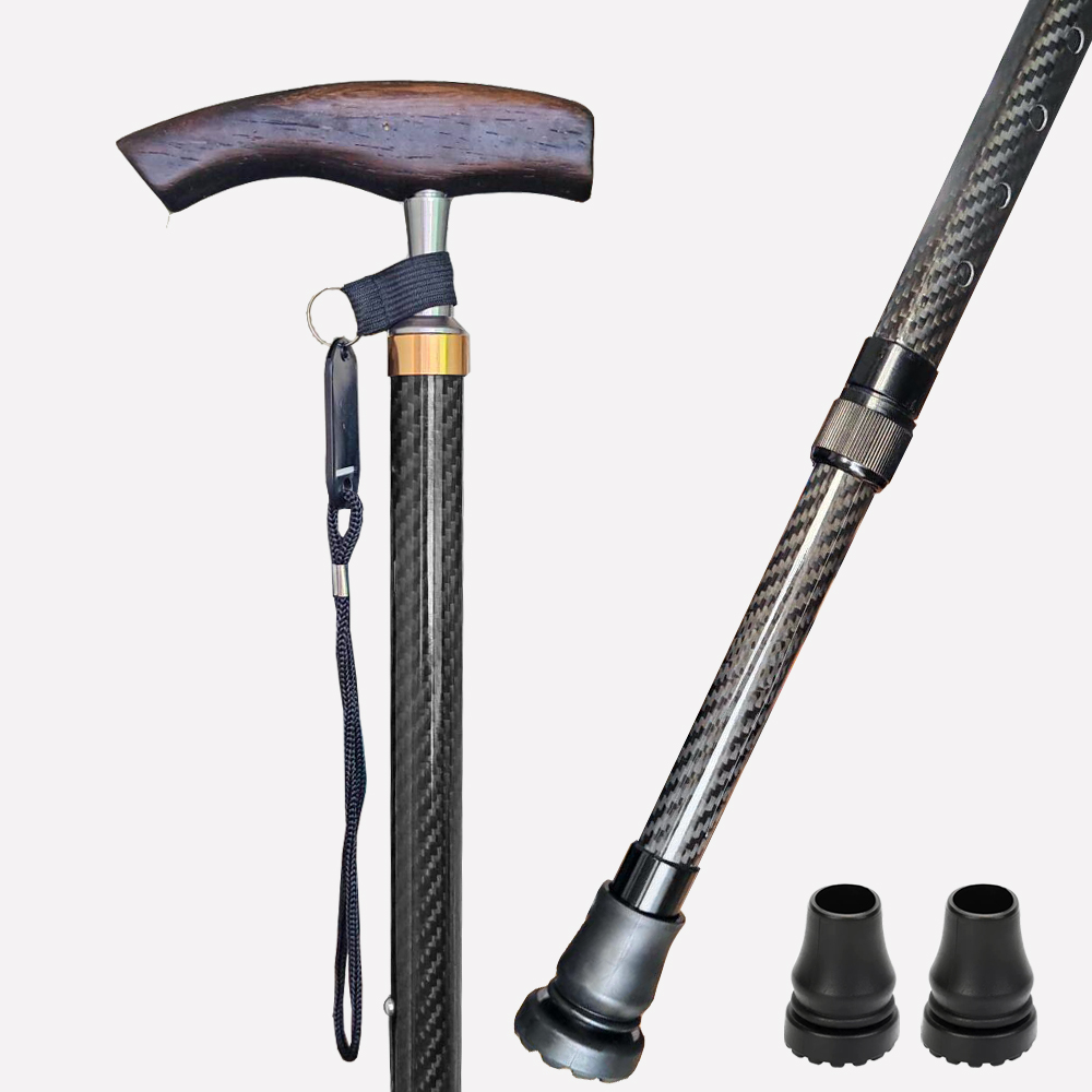 Lightweight Carbon Fiber Cane with Handcrafted Wood Handle | 10-Position Adjustable Walking Cane with 2 Tips