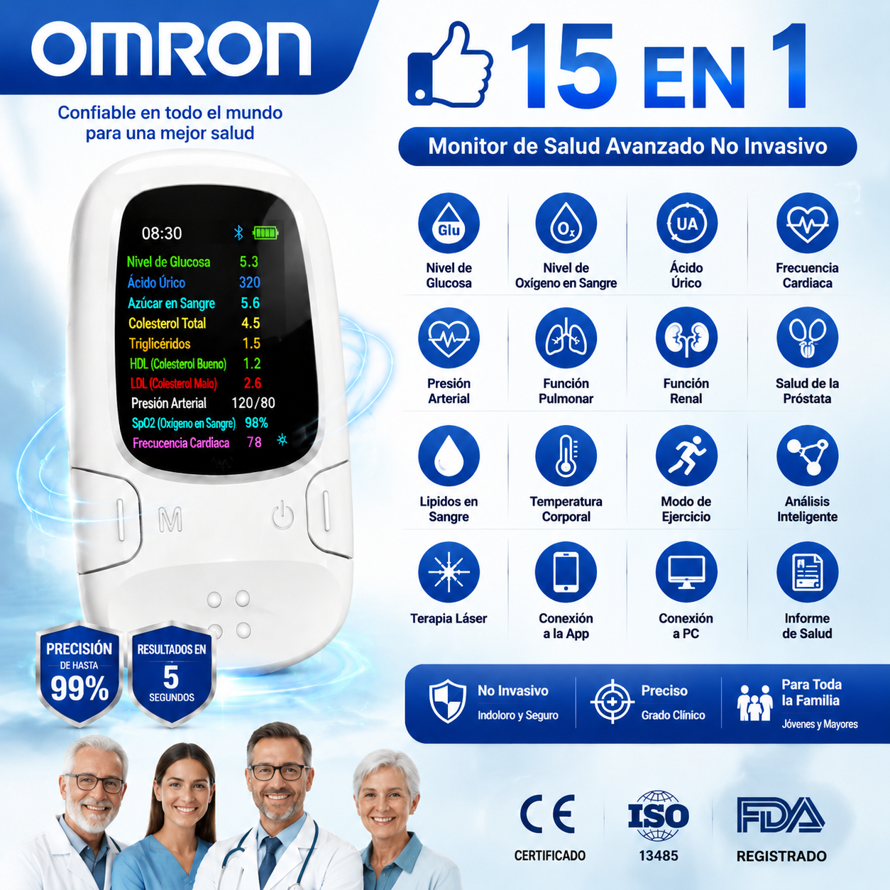 [15 en 1] Monitor inteligente de glucosa en sangre no invasivo Omron — Cribado clínico inteligente