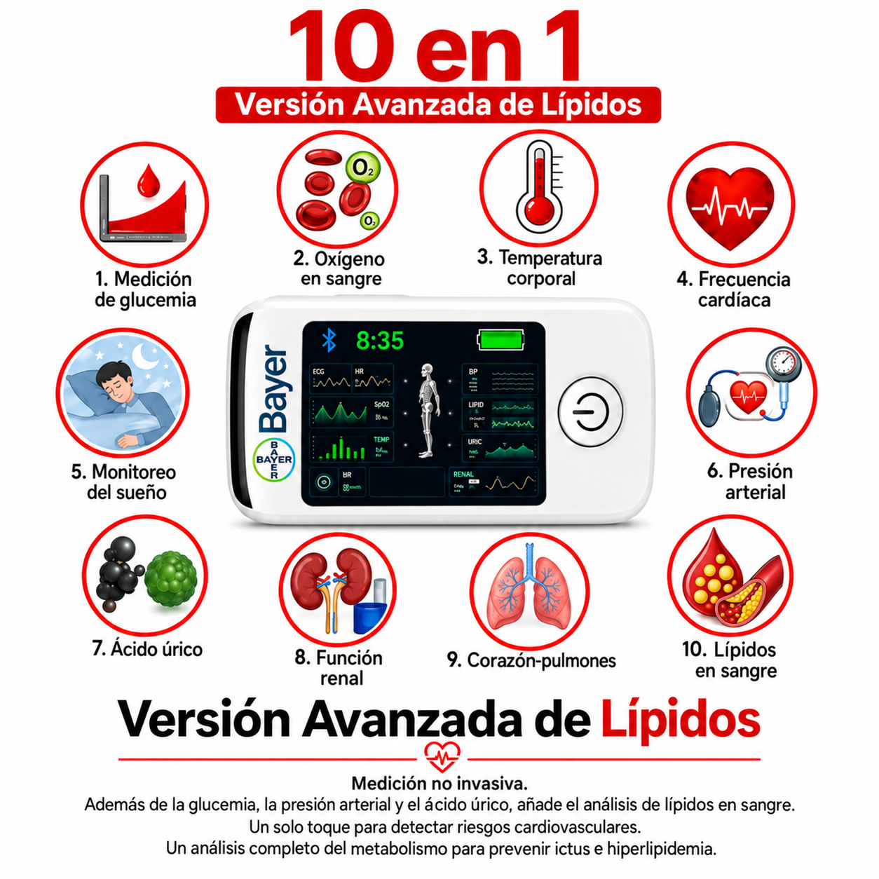 [🪽🌟]【11 en 1】Medidor de glucosa en sangre no invasivo multifuncional Bayer