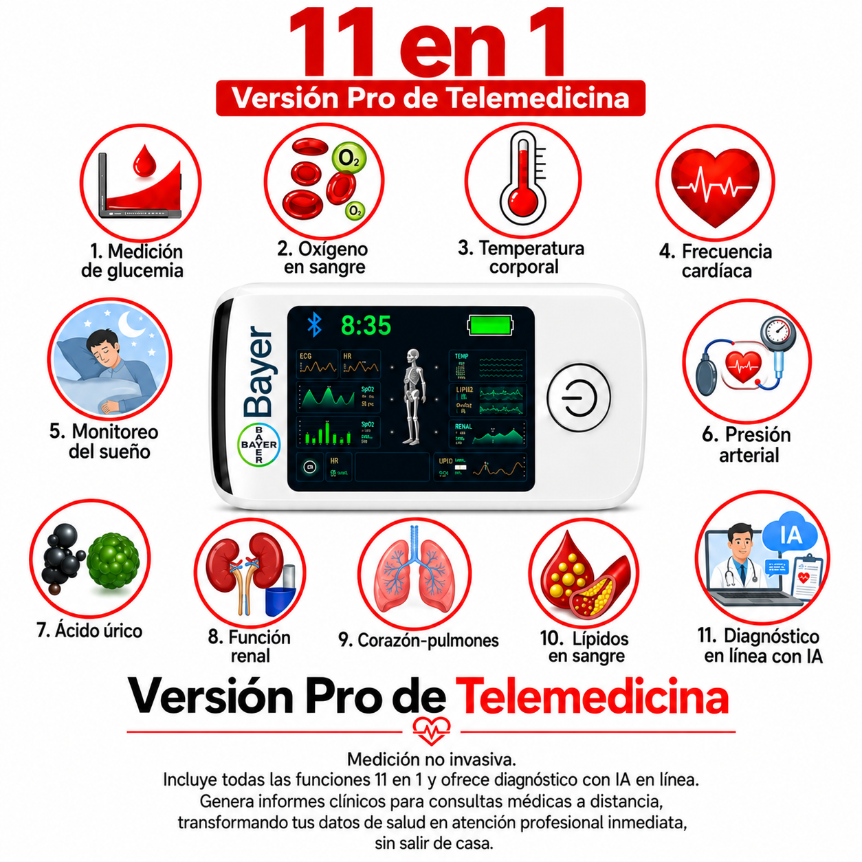 [🪽🌟]【11 en 1】Medidor de glucosa en sangre no invasivo multifuncional Bayer