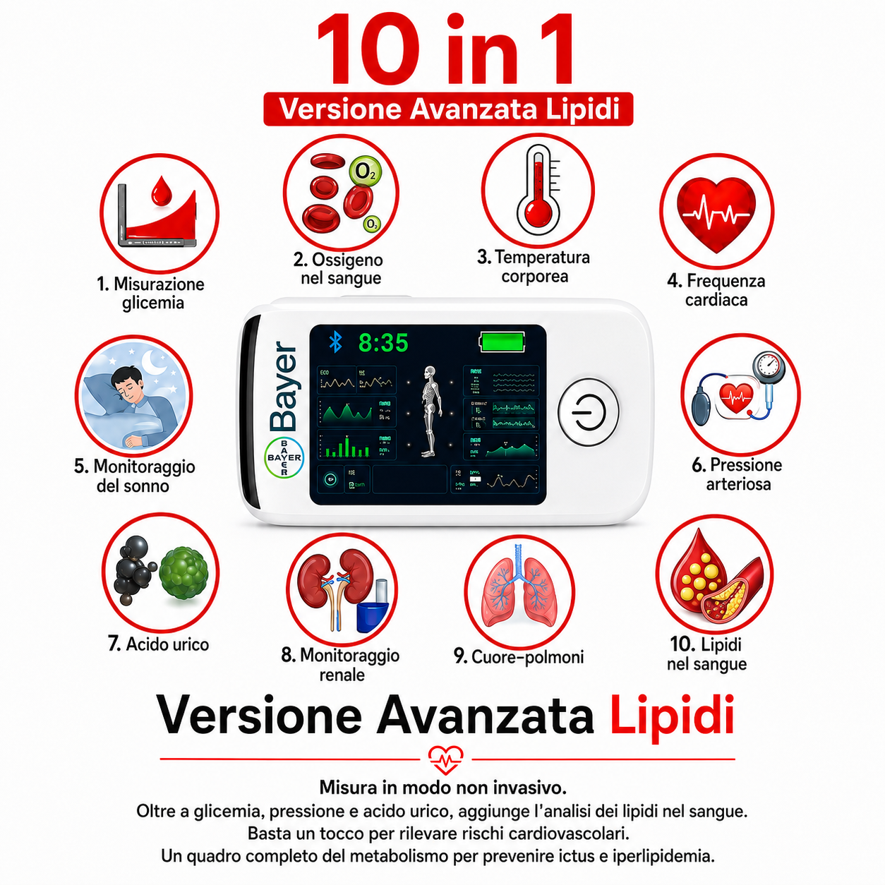 【11 en 1】Medidor de glucosa en sangre no invasivo multifuncional Bayer