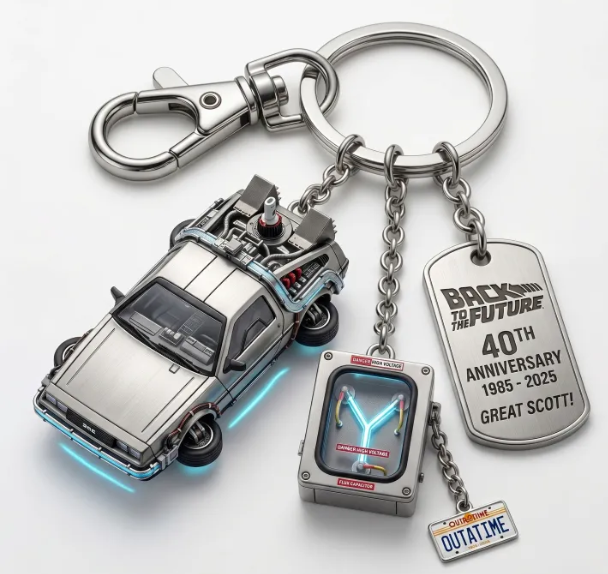 Back to the Future DeLorean Time Machine Keychain | 3D Metal Flux Capacitor Charm