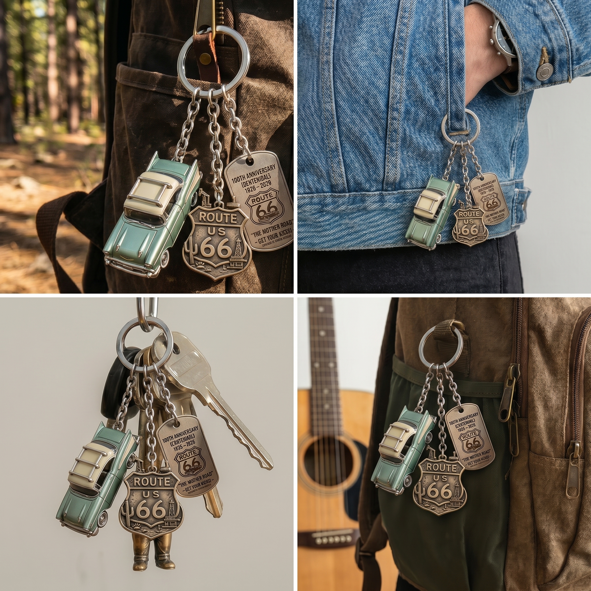 🔥Route 66 100th Anniversary Keychain- Vintage Classic Car Centennial Collectible Keepsake