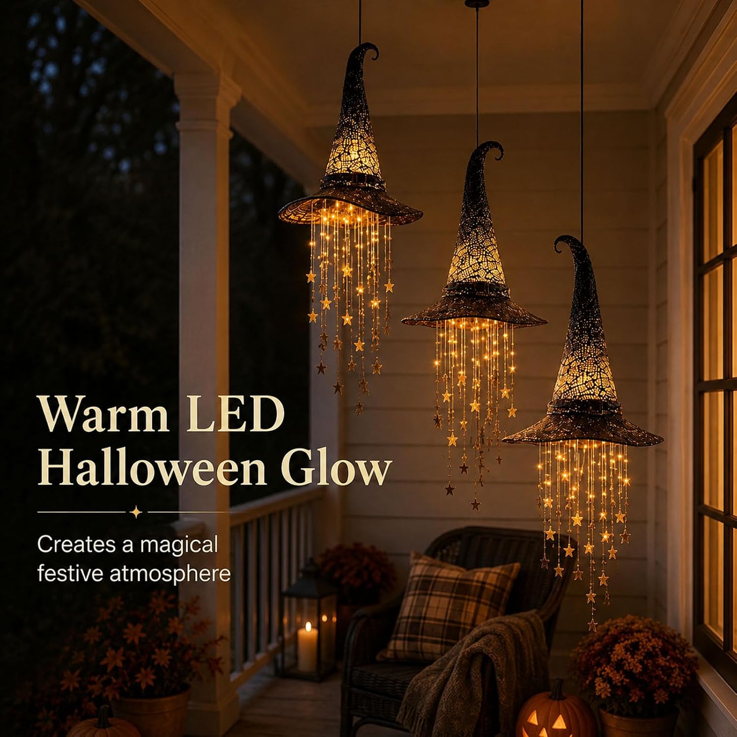 Lighted Witch Hat Halloween Hanging Decoration, Warm LED Hanging Decor with Dangling Stars for Covered Porch, Window, Entryway, Patio, Staircase and Party