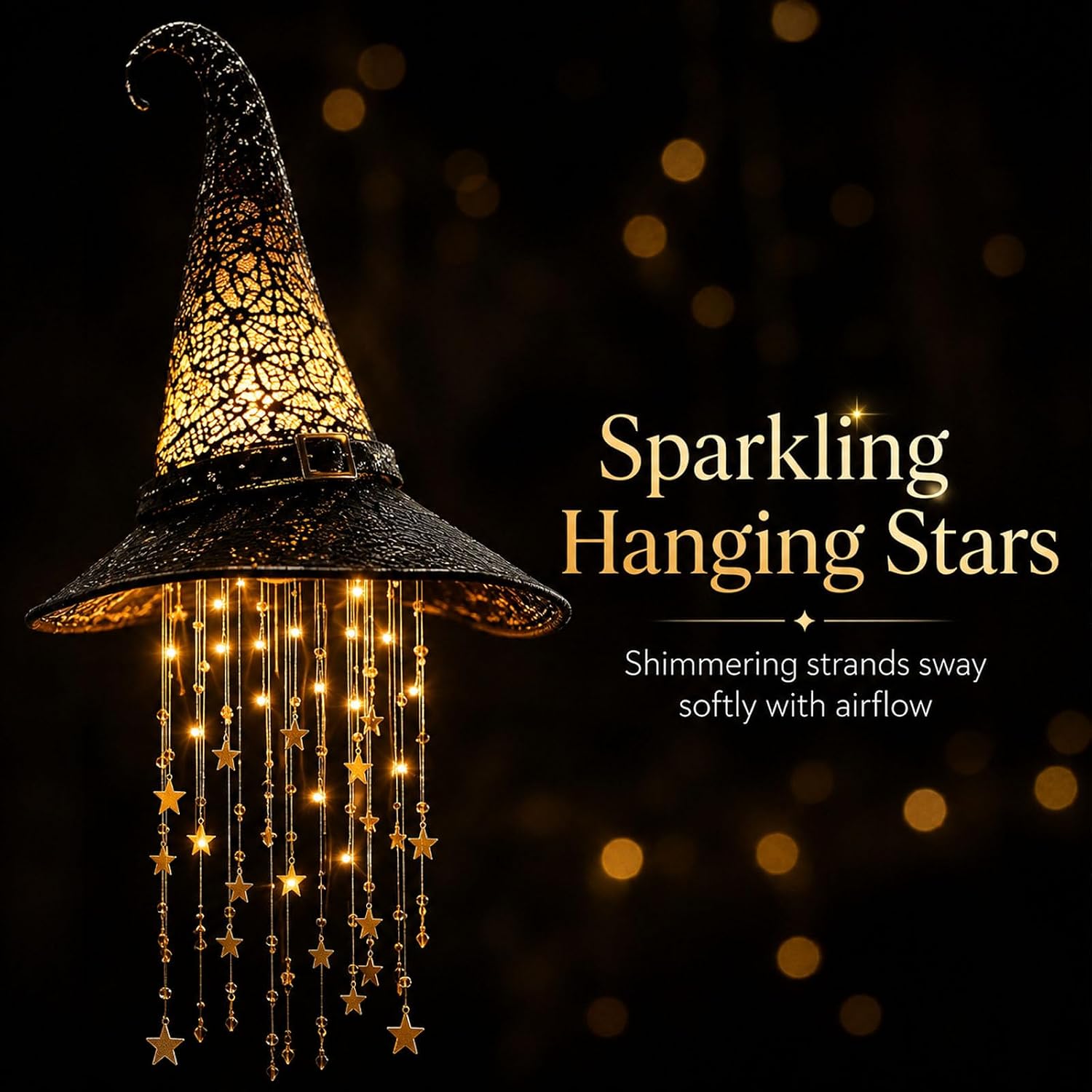 Lighted Witch Hat Halloween Hanging Decoration, Warm LED Hanging Decor with Dangling Stars for Covered Porch, Window, Entryway, Patio, Staircase and Party