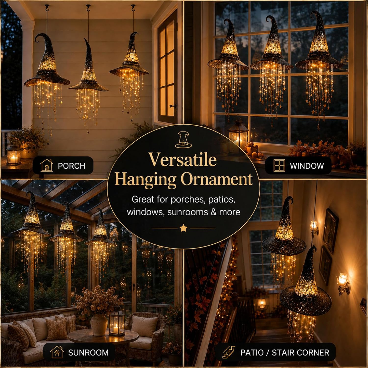 Lighted Witch Hat Halloween Hanging Decoration, Warm LED Hanging Decor with Dangling Stars for Covered Porch, Window, Entryway, Patio, Staircase and Party