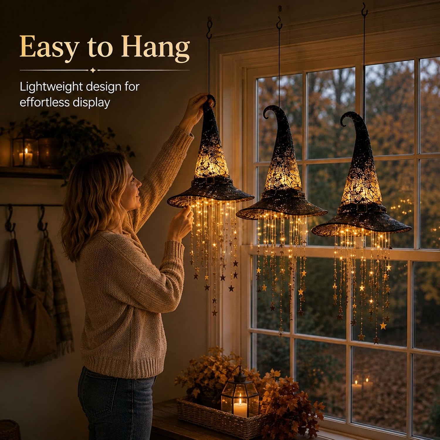 Lighted Witch Hat Halloween Hanging Decoration, Warm LED Hanging Decor with Dangling Stars for Covered Porch, Window, Entryway, Patio, Staircase and Party