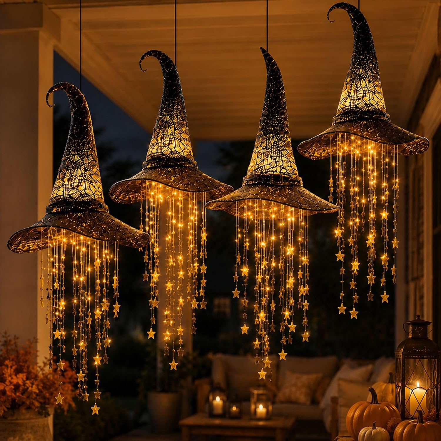 Lighted Witch Hat Halloween Hanging Decoration, Warm LED Hanging Decor with Dangling Stars for Covered Porch, Window, Entryway, Patio, Staircase and Party