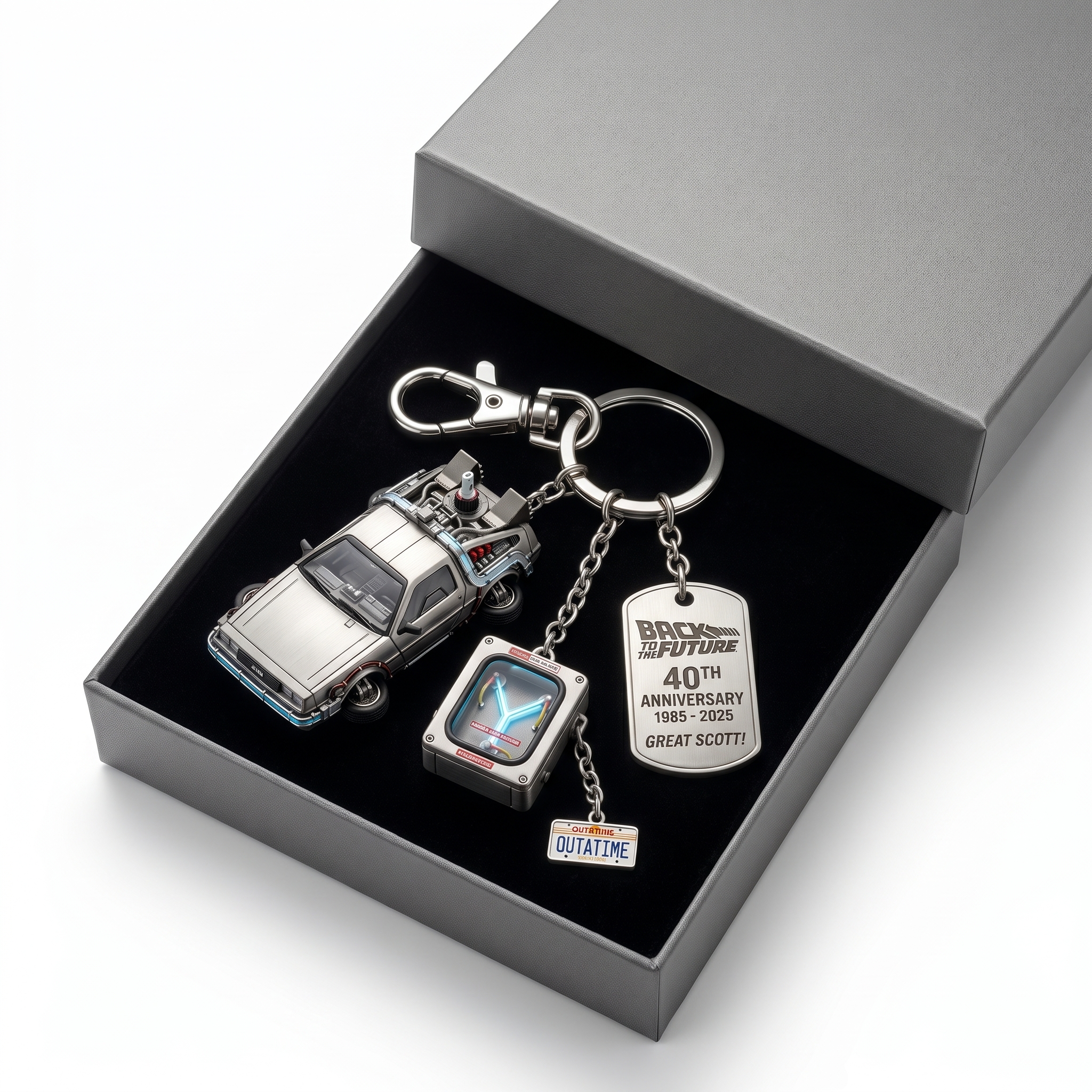 Back to the Future DeLorean Time Machine Keychain | 3D Metal Flux Capacitor Charm