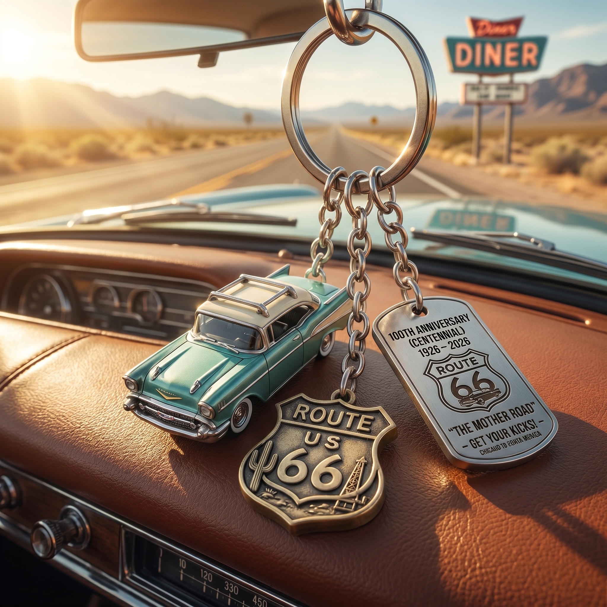 🔥Route 66 100th Anniversary Keychain- Vintage Classic Car Centennial Collectible Keepsake
