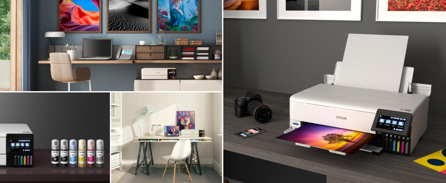 Images of the EcoTank Photo ET-8550 on a creatives desk.