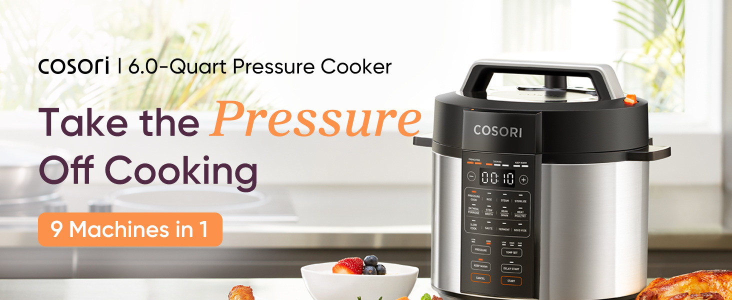 COSORI Electric Pressure Cooker, has 9 functions, is a 6-quart instant multi-cooker.