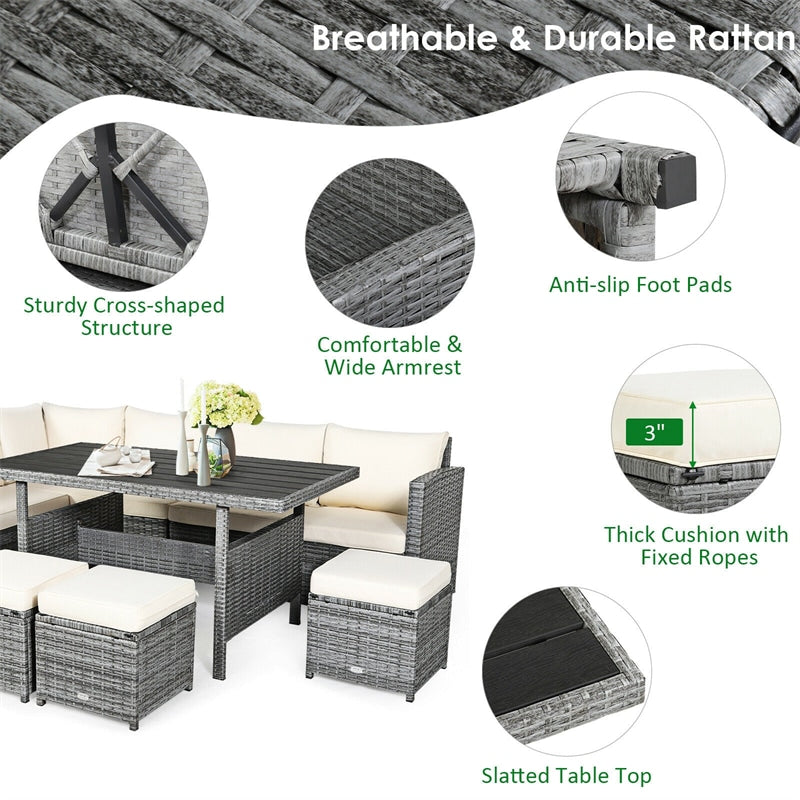 7 PCS Rattan Patio Dining Furniture Sectional Sofa Set with Wicker Ottomans