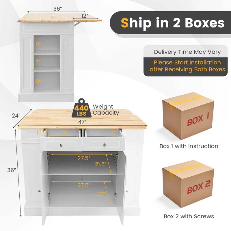 Eletriclife Rubber Wood Top Kitchen Island with Storage and Drop Leaf