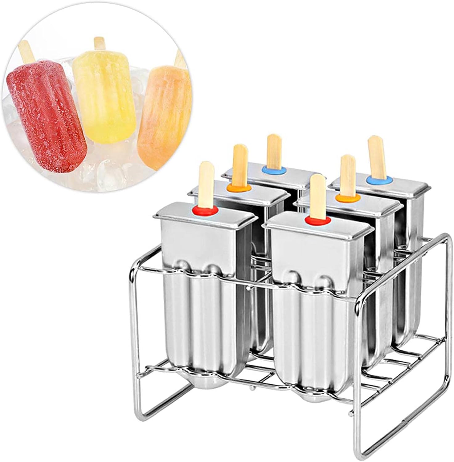 Stainless Steel Ice Lolly Mould Kit with Wooden Sticks & Brush