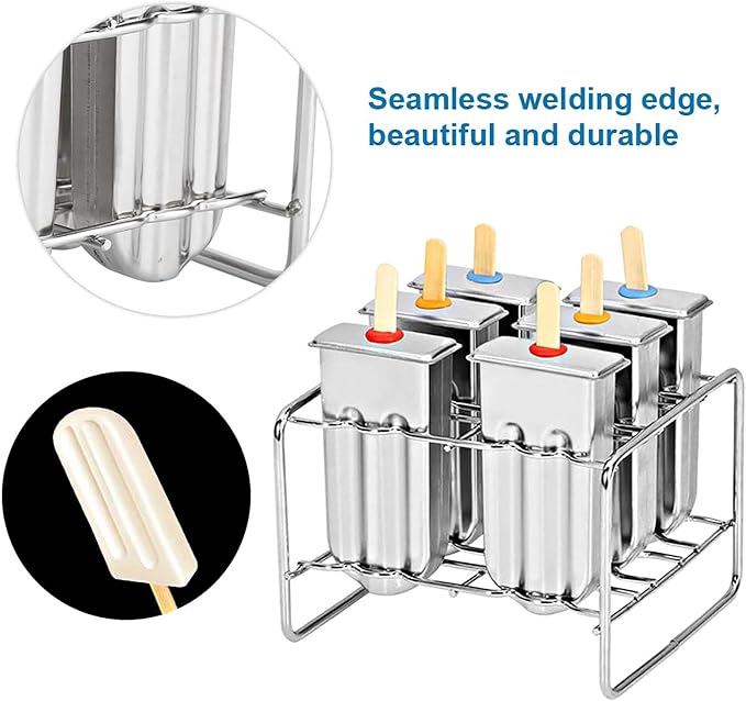 Stainless Steel Ice Lolly Mould Kit with Wooden Sticks & Brush