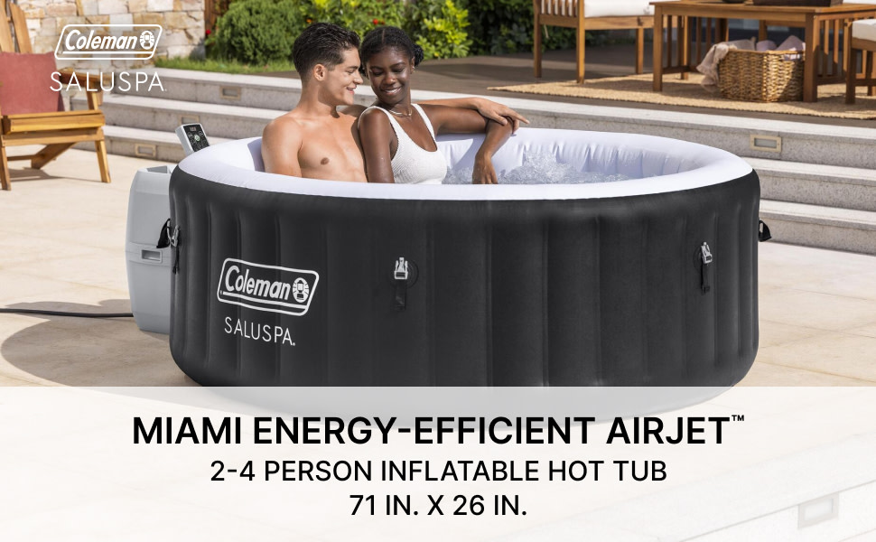 Promotional image of a Coleman SaluSpa Miami energy-efficient inflatable hot tub, showing a smiling